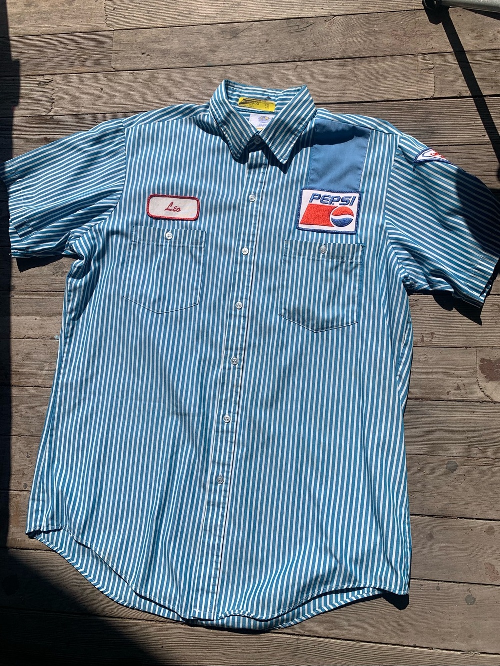 Vintage Pepsi Shirt Mens Large Blue Stripe Button Front shirt sleeve  USA 🇺🇸
